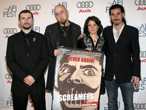 SCREAMERS Director Carla Garapedian with System Of A Down Members John Dolmayan, Shavo Odadjian and Serj Tankian at the AFI Premiere. Photo Credit: WireImage.com
