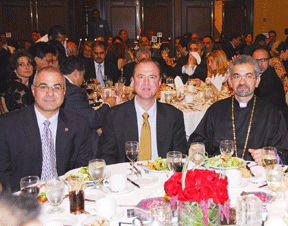 ANCA-WR Chairman Steve Dadaian, Rep. Adam Schiff (D-CA) and His Eminence Moushegh Mardirosian